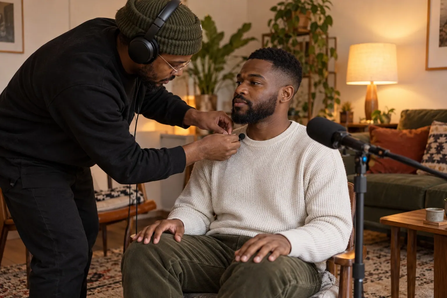 A production assistant helps a creator prepare for a video shoot behind the camera.