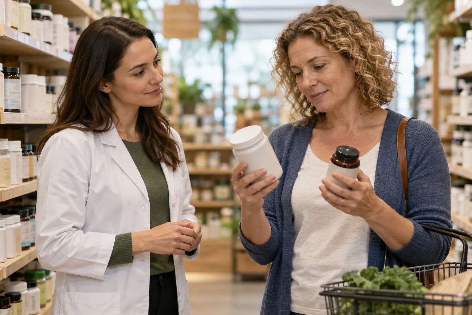 A dietitian and client compare neutral supplement options in a health-food store aisle.