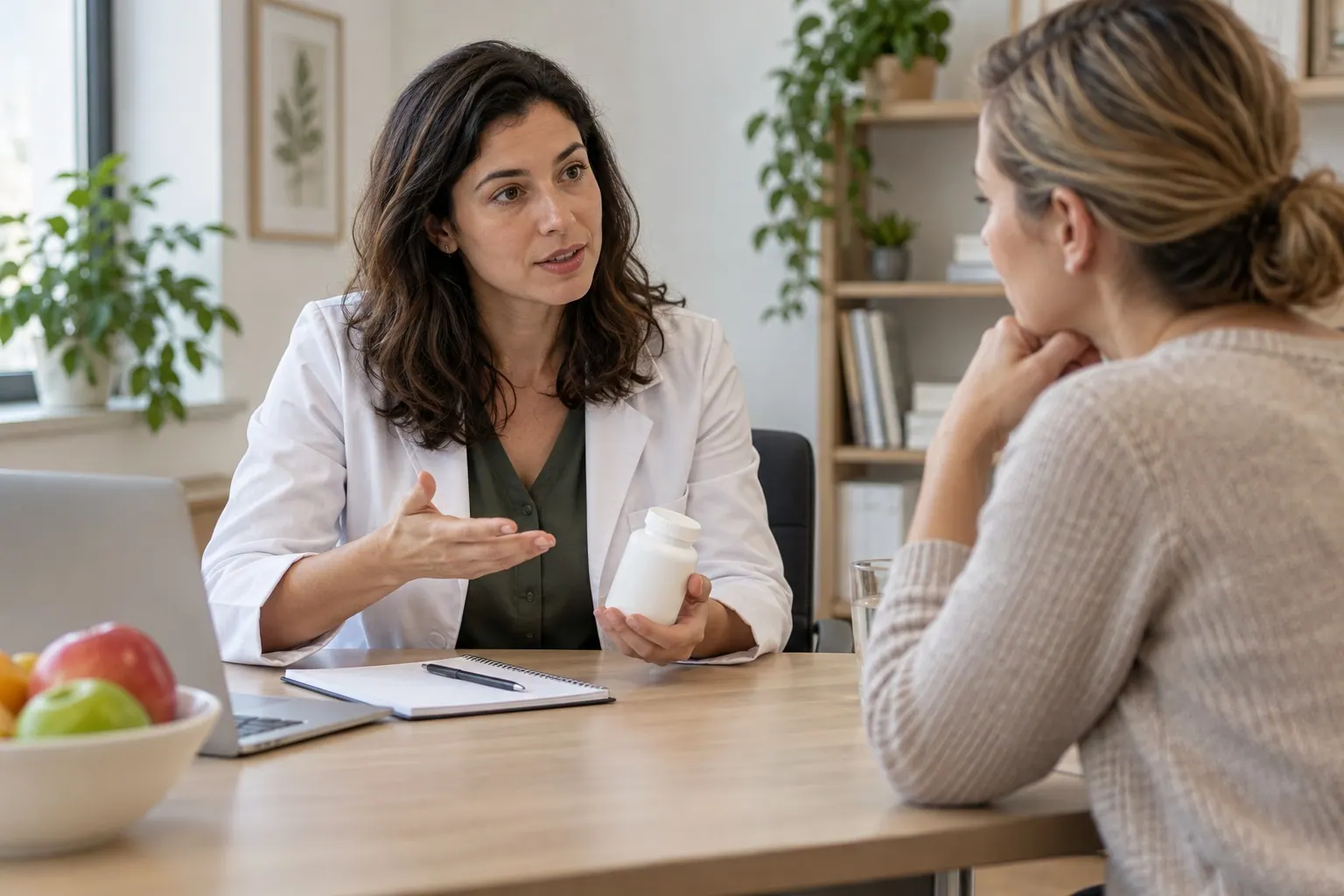 A dietitian explains a brand relationship to a client during a calm consultation.