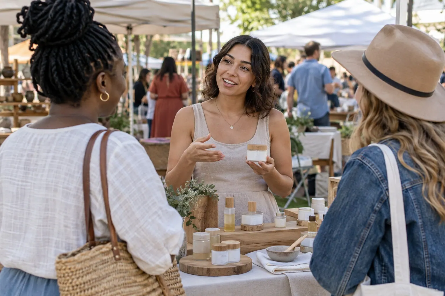 A beauty creator films an honest skincare product demonstration at a bright outdoor market booth, with the phone screen turned away and no brand marks or readable signage.