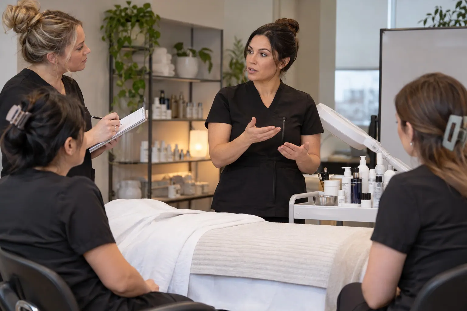 A licensed skincare professional explains a simple, non-medical product routine to clients in a treatment studio, with no visible claims or readable text.