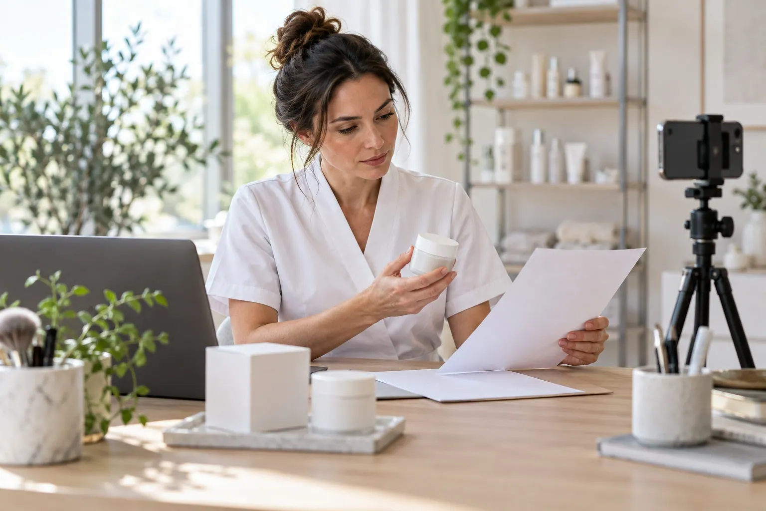 A skincare professional reviews a product description and packaging proofs at a desk before recording an educational video, with the laptop screen and documents unreadable.