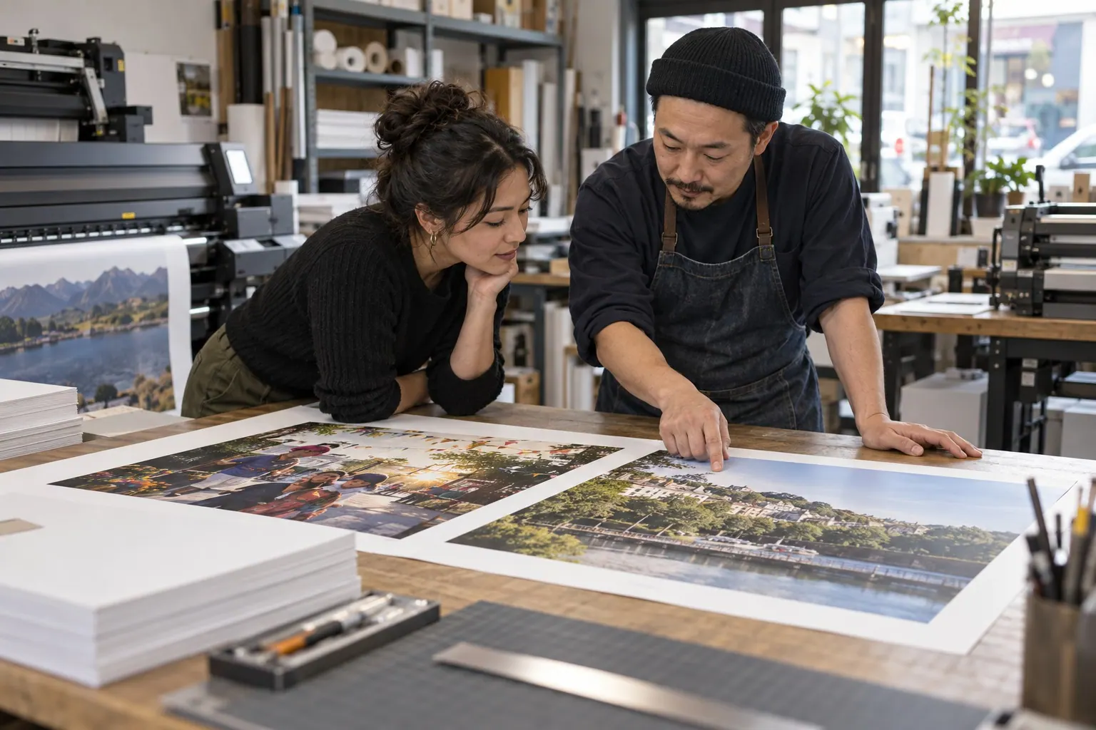 Specialist and collaborator reviewing print samples in a working studio