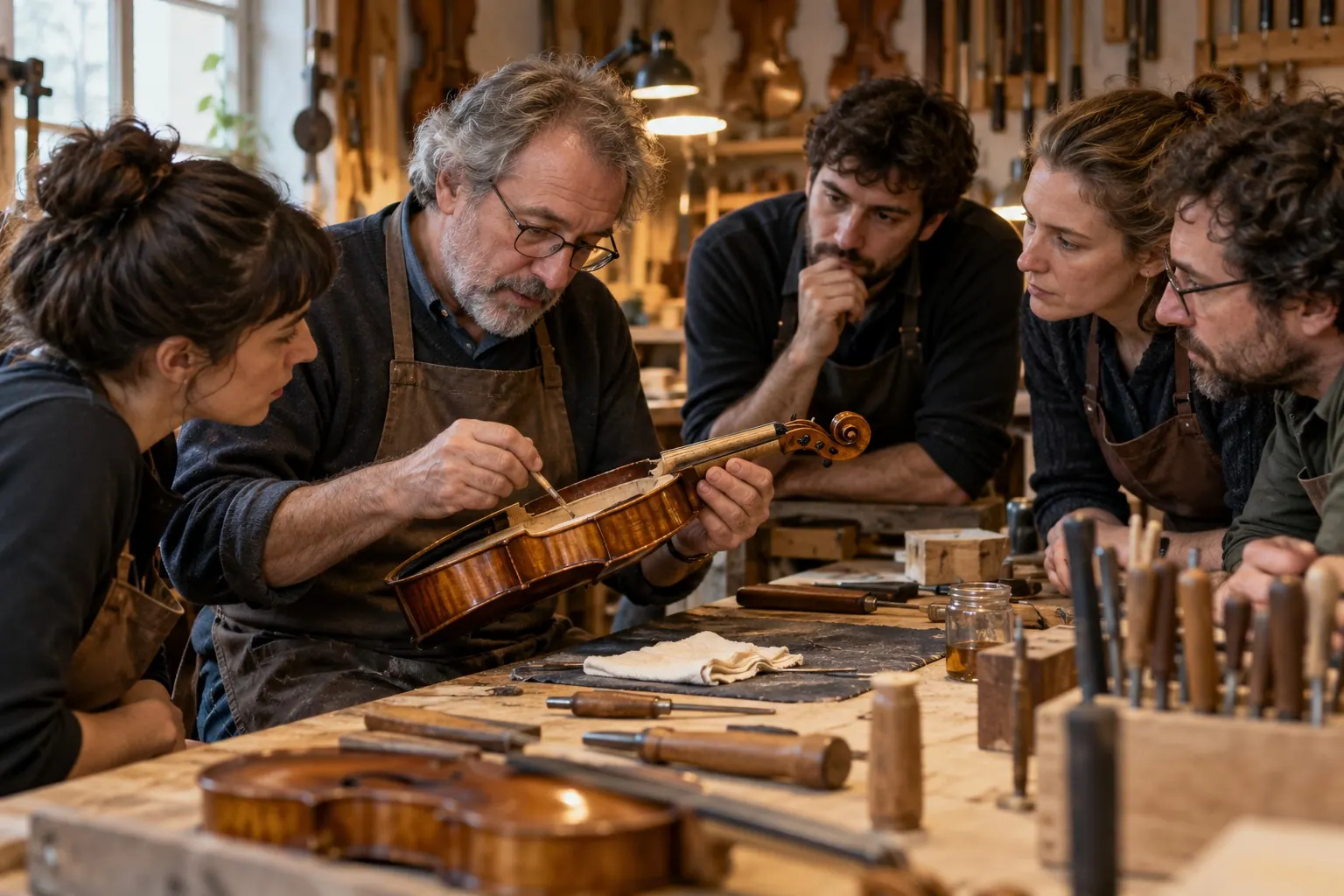 Violin maker demonstrating a repair technique to a small group of learners