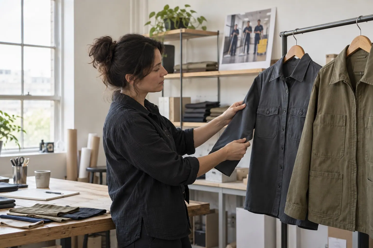 A freelance designer compares practical workwear samples in a small studio before preparing questions for a potential business client.
