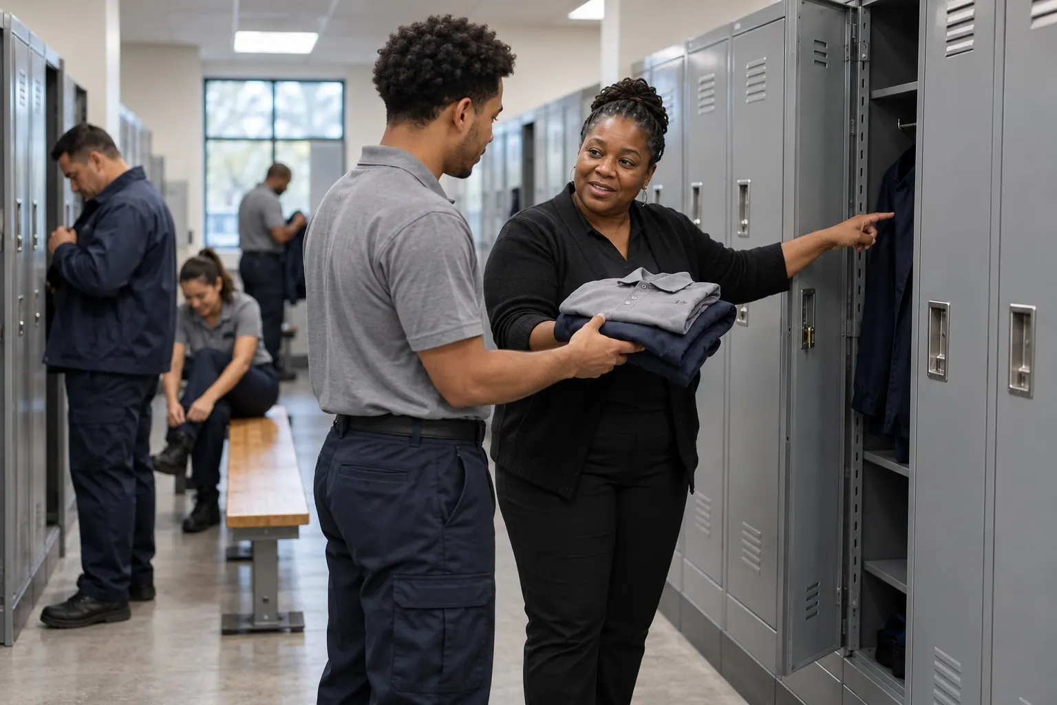 An operations manager hands a folded work shirt to a technician near an organized locker area.