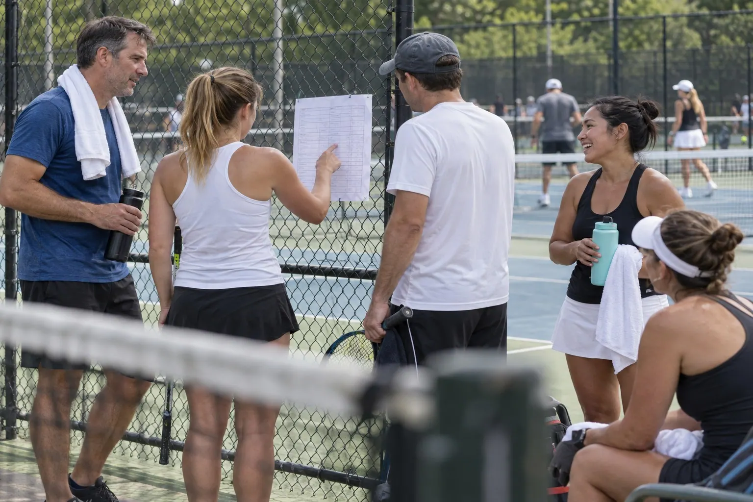Adult tennis players gather beside the court after a match, discussing the next round at a community club.
