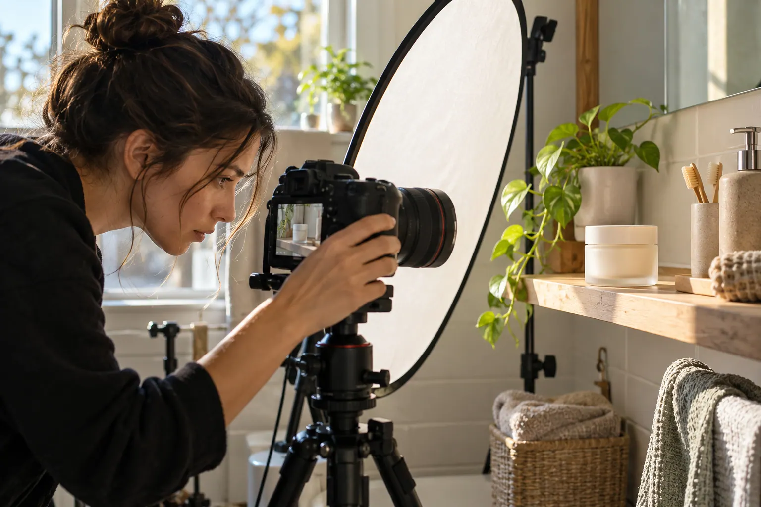 An independent creator films an original demonstration of an unbranded skincare jar in a small natural-light home studio.