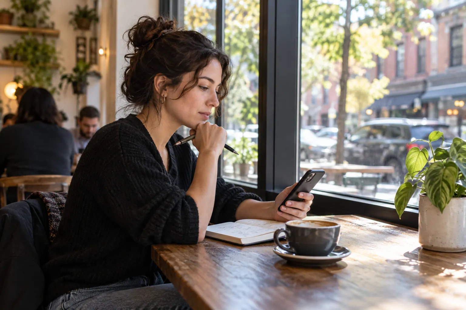 An independent marketer observes public advertising on a smartphone and takes notes at a quiet neighborhood cafe.