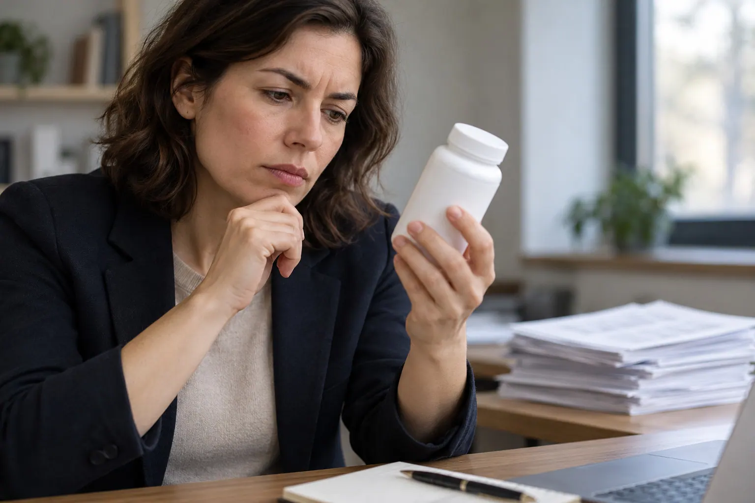 A marketing reviewer studies a plain health-product bottle while scientific papers sit out of focus beside her.