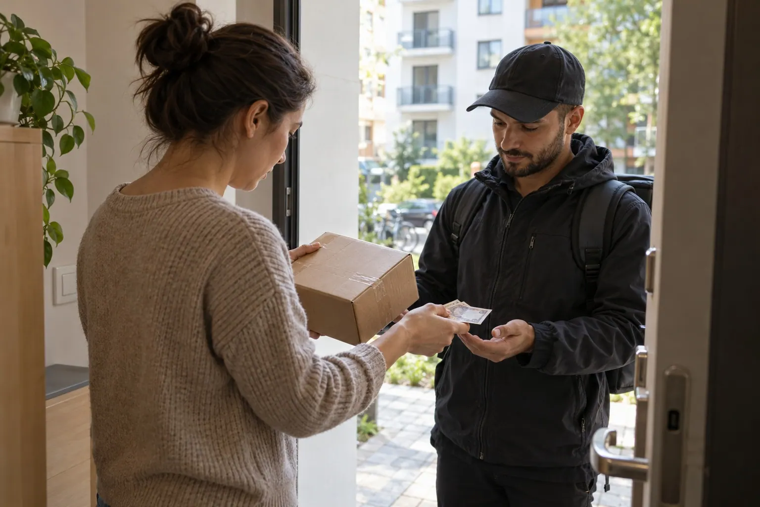 A courier hands an unbranded parcel to a customer at an apartment doorway as the customer pays in cash.