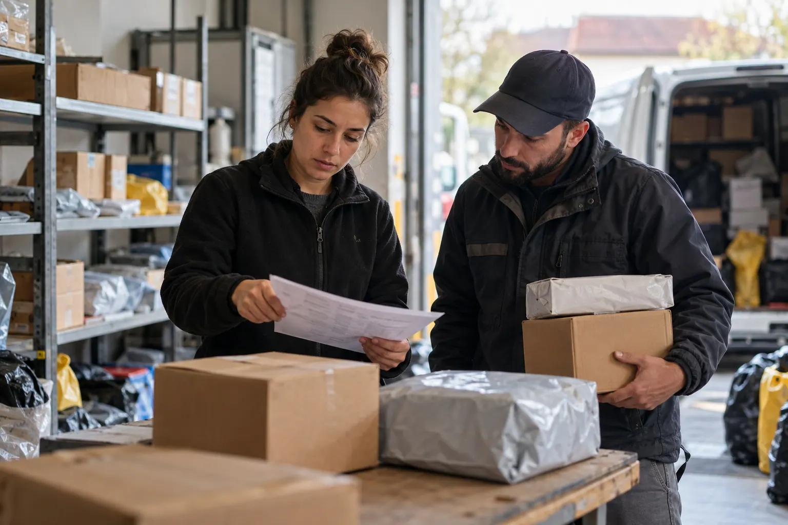 A logistics coordinator and courier confirm parcel handling at a small regional dispatch hub.