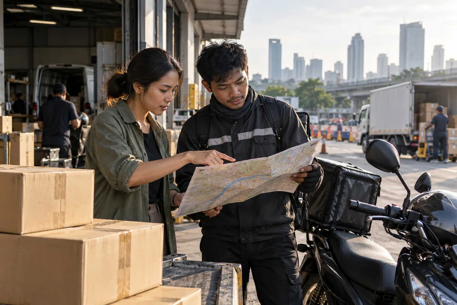 A parcel coordinator and courier review a street route map at an urban depot.