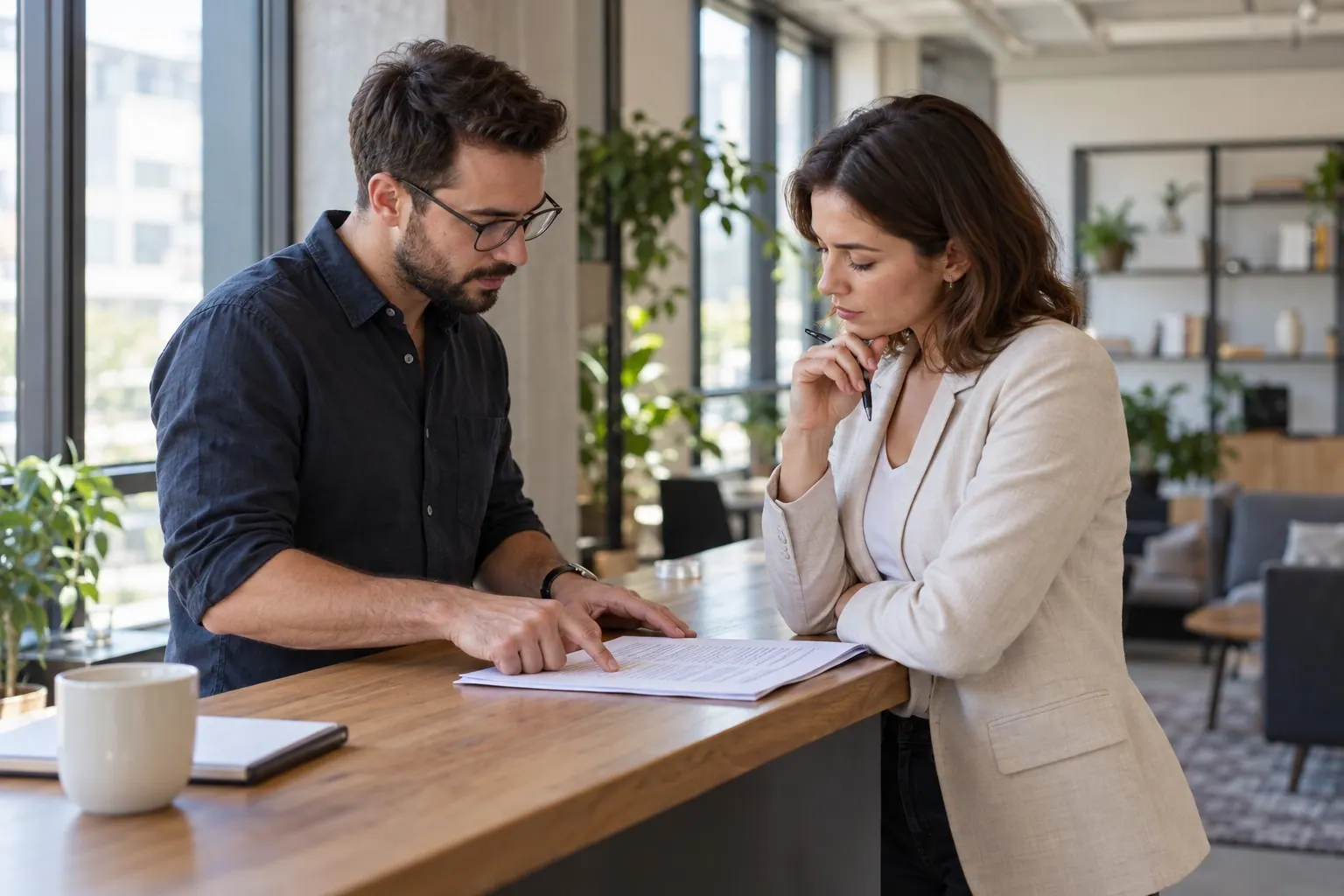 An expert and advisor review a plain service agreement before account access is granted.