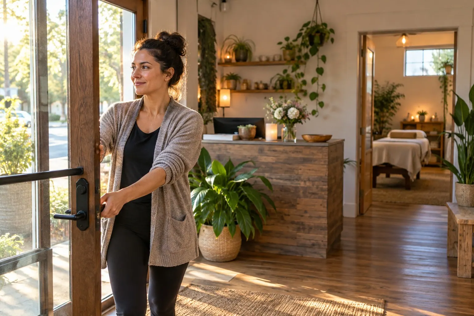 An independent wellness studio owner unlocks her practice and prepares the reception before opening.