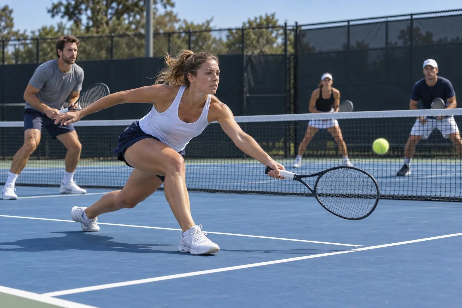 A doubles player reaches toward the net as partners prepare for the next shot.