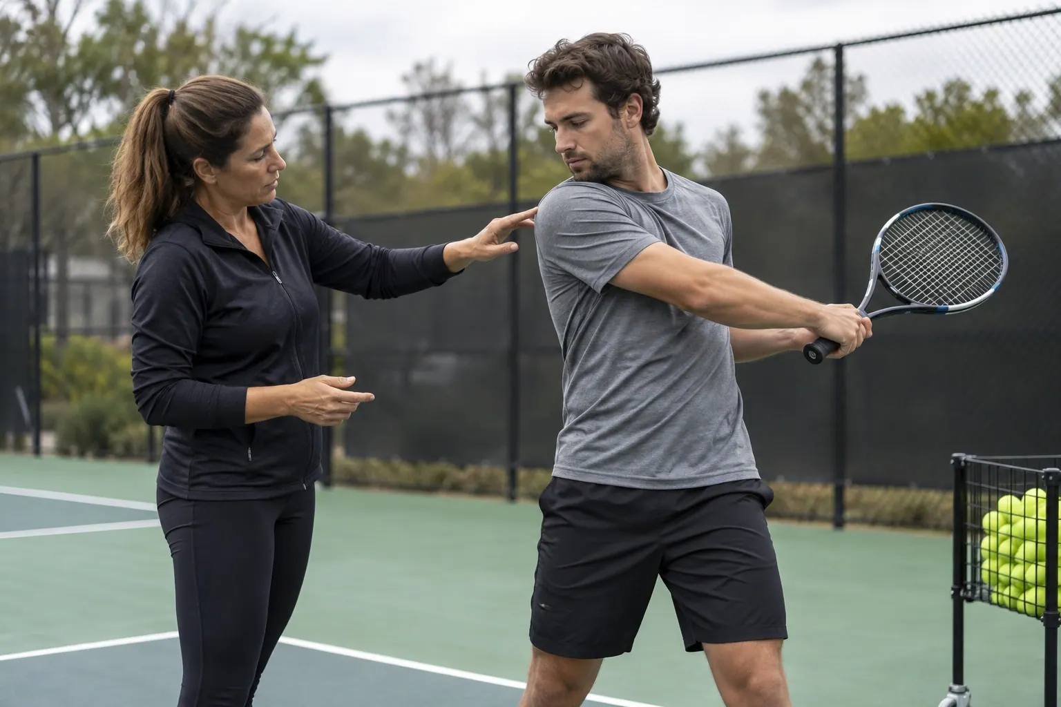 A tennis coach and player test shoulder rotation between outdoor-court drills.