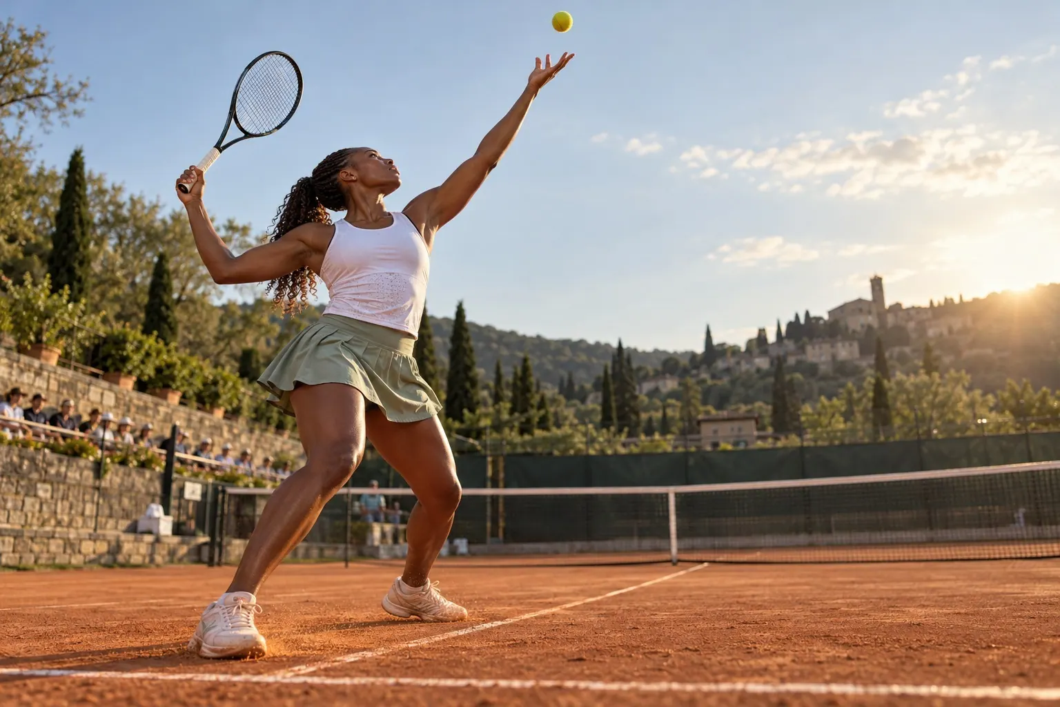 A tennis player prepares to serve on an outdoor court in a plain white top and muted-green skirt.