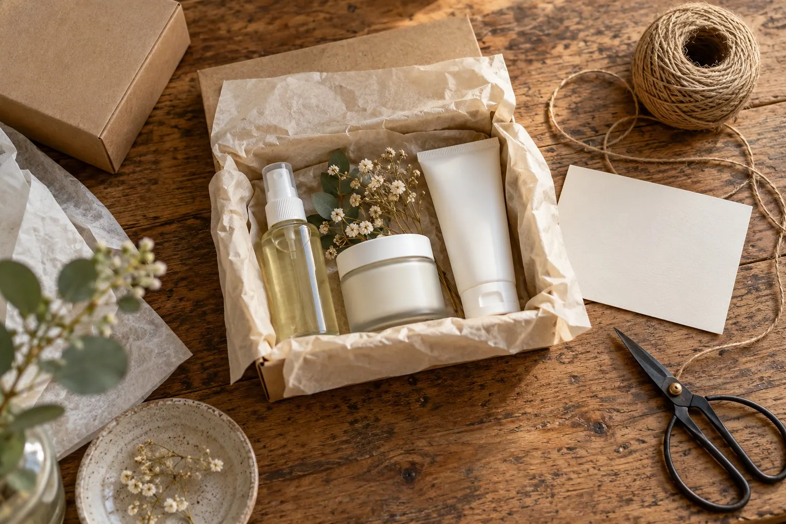 A spa gift set with three plain skincare products is being assembled in a small paper box on a worktable.
