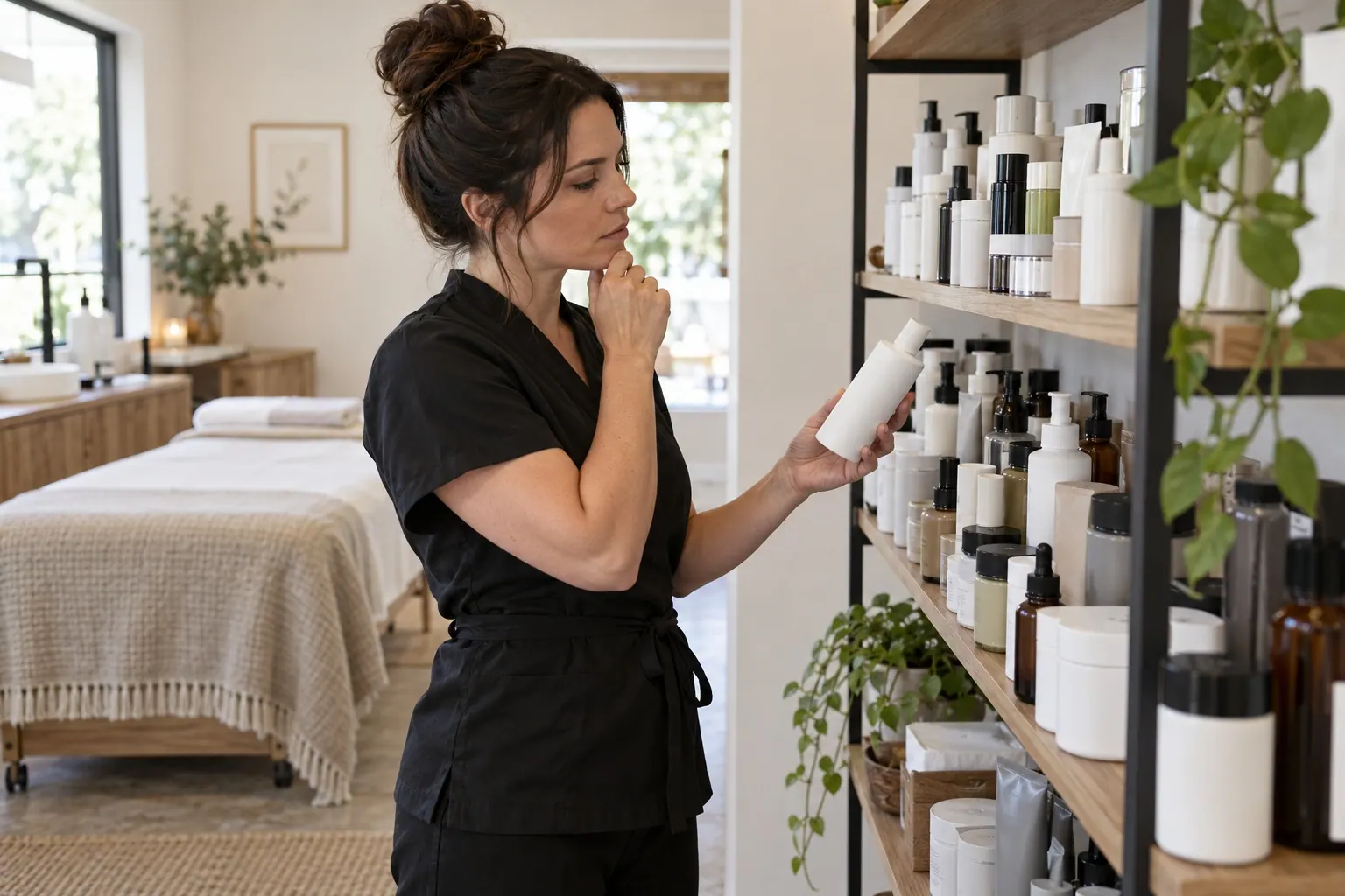 A spa owner reviews a crowded skincare shelf and considers which products belong in a smaller assortment.