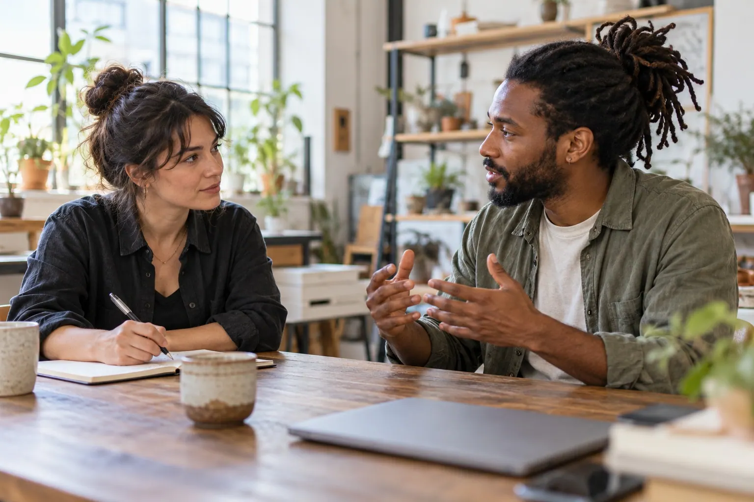 A business operator listens as a referral partner explains how they meet prospective customers.