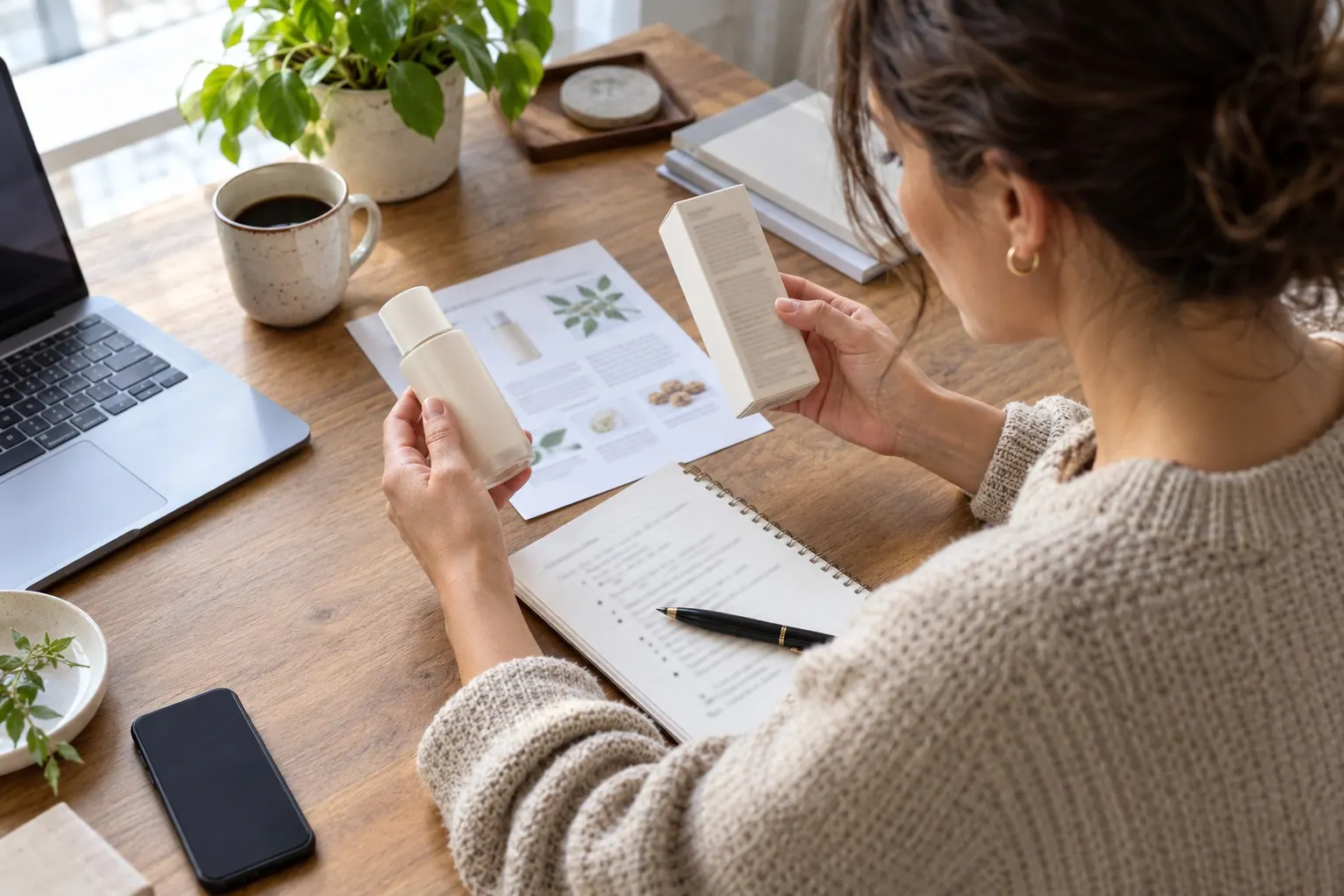 An independent researcher at a home-office table compares a plain, unbranded skincare bottle with its printed ingredient panel and a product information sheet.