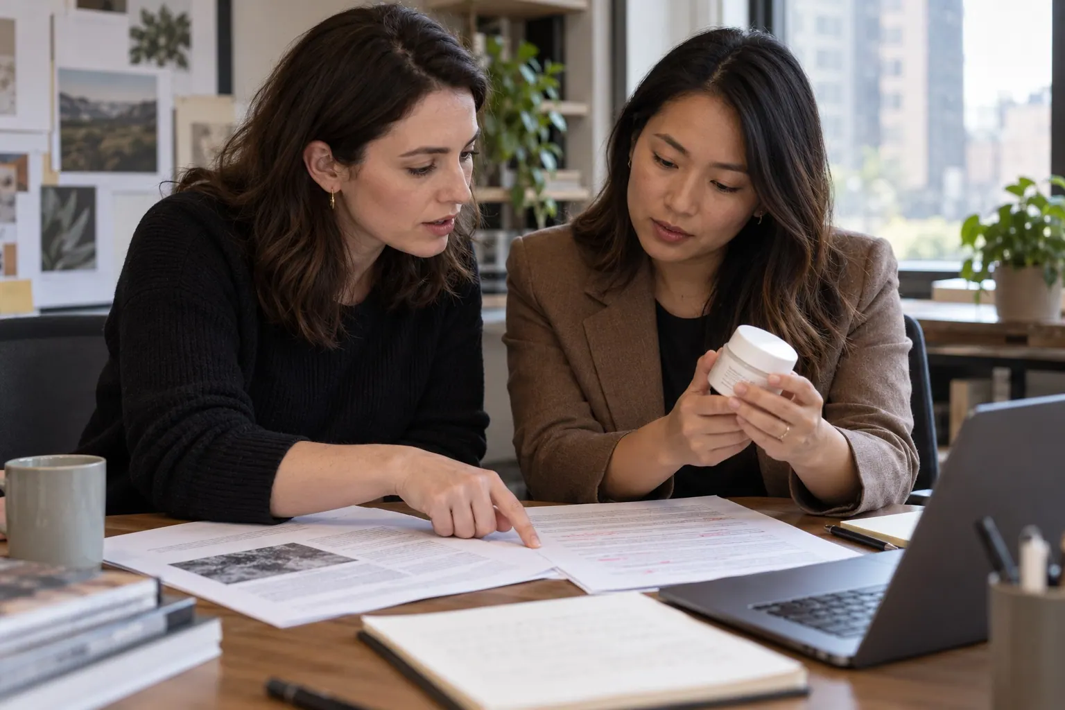Two editorial colleagues compare a plain skincare jar with source documents while one points to a sentence in a draft.