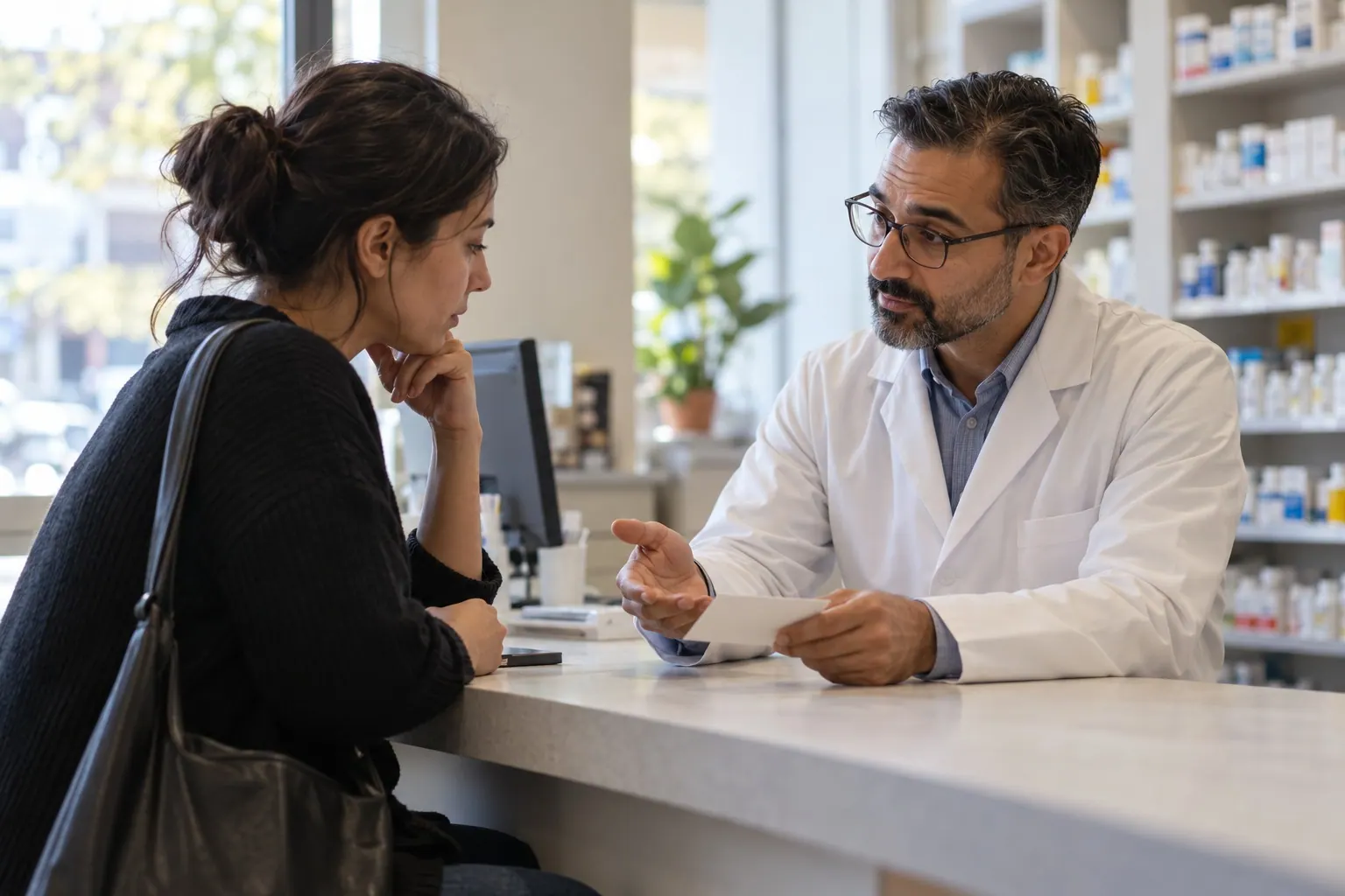 An adult customer speaks privately with a pharmacist at a consultation counter.
