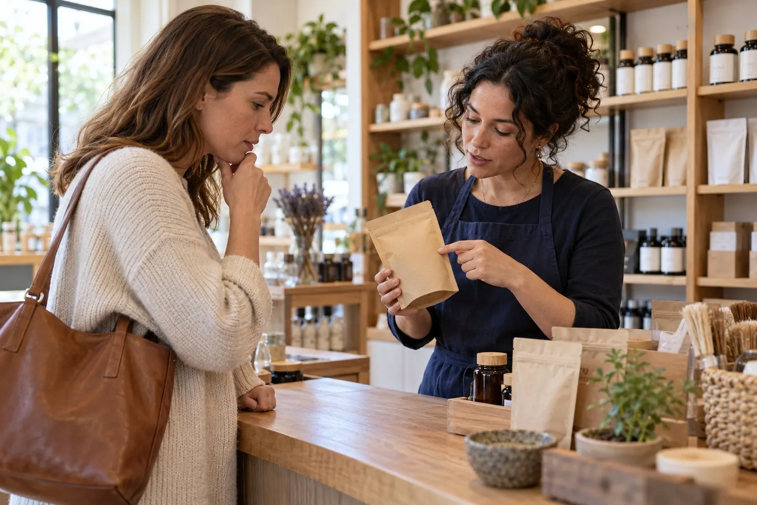 An adult shopper asks a store associate about the format and package details of an unbranded wellness product.