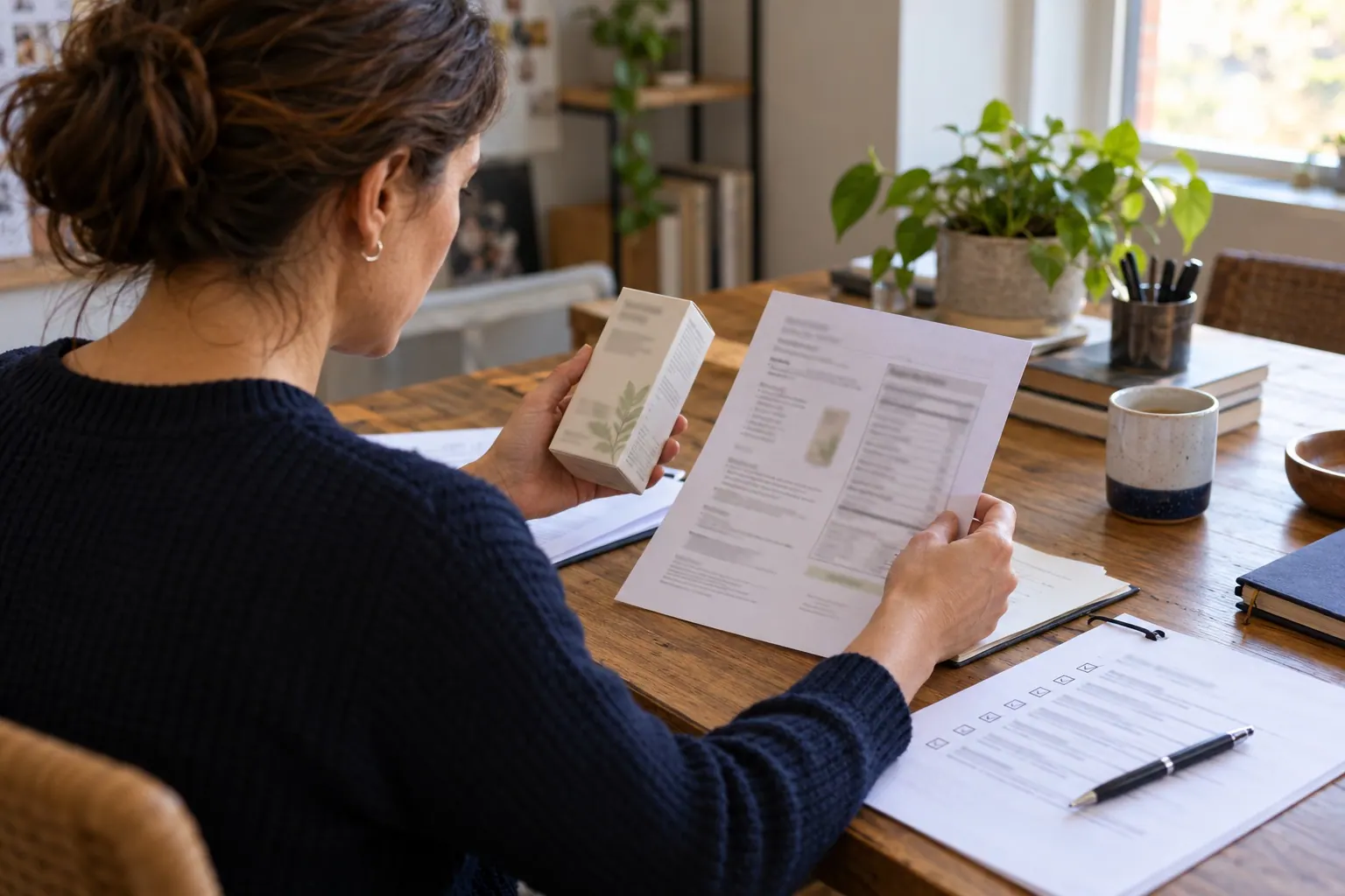 A product-content editor compares an unbranded package label with approved product information at a review table.