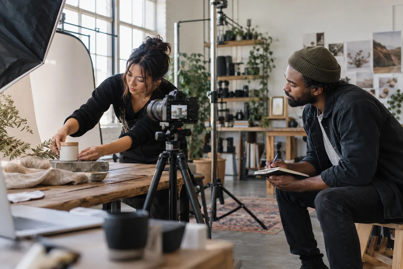 A creator adjusts a product demonstration while a partnerships manager listens in a photography studio.