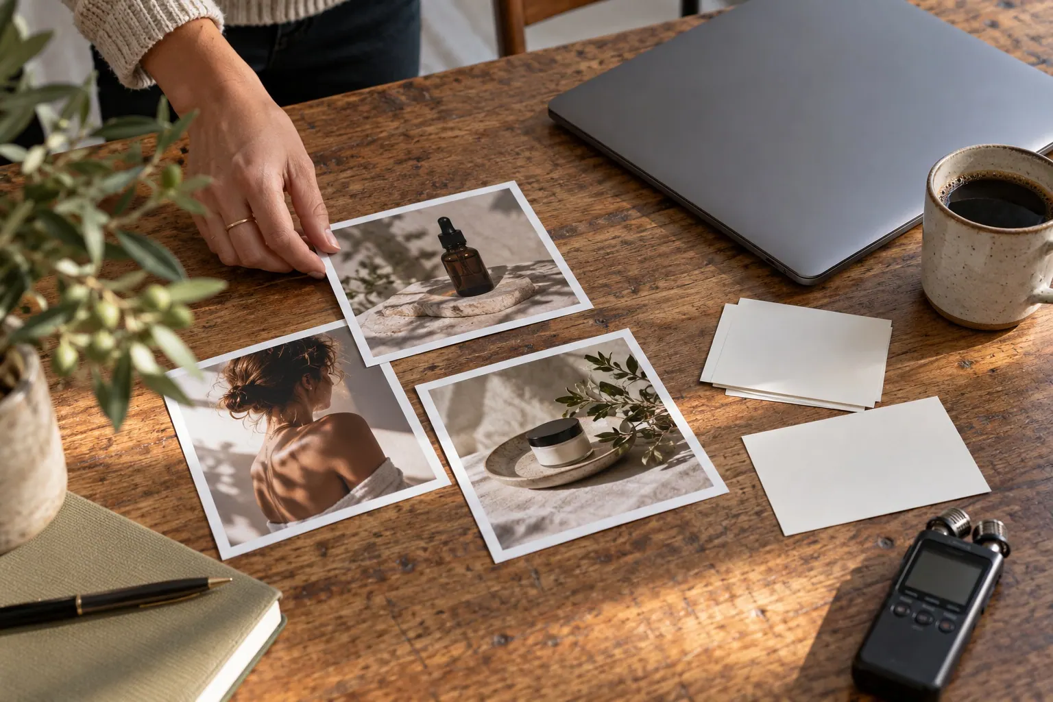 A hand places creator campaign photo prints beside blank cards, a closed laptop, and an audio recorder on a studio table.