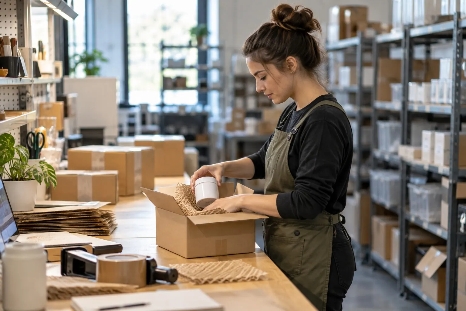 A fulfillment worker packs one plain supplement bottle into a small parcel for a customer order, with labels and screens unreadable.