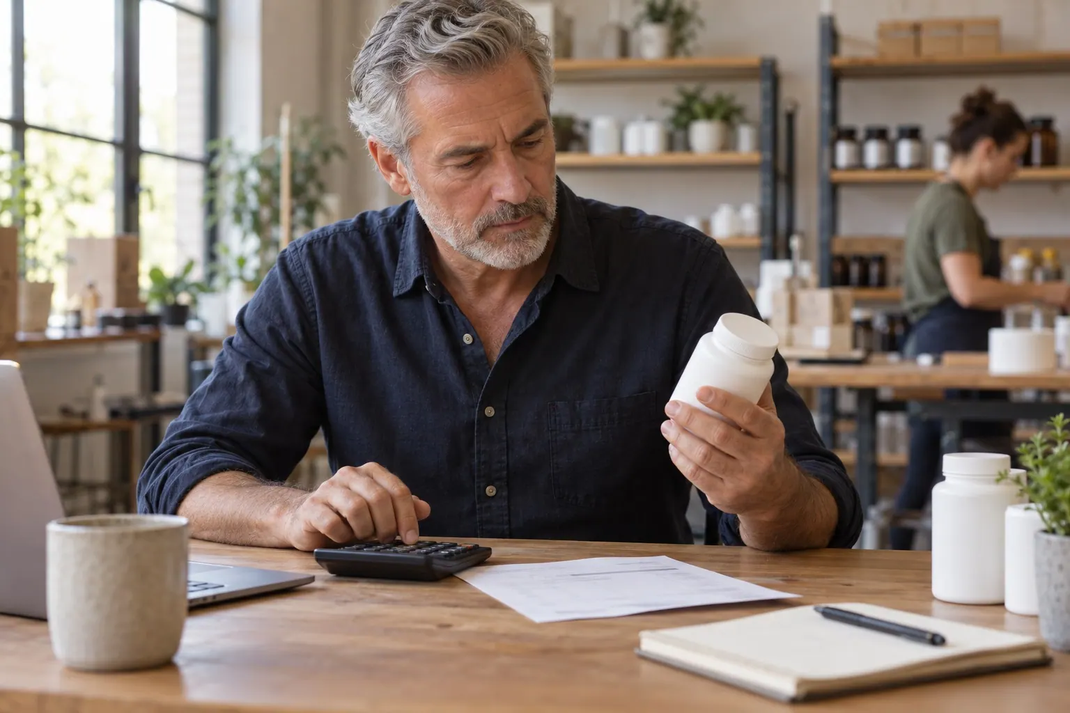 A wellness founder checks a plain supplement sample beside a handwritten cost worksheet and calculator, with no readable product label or numbers.