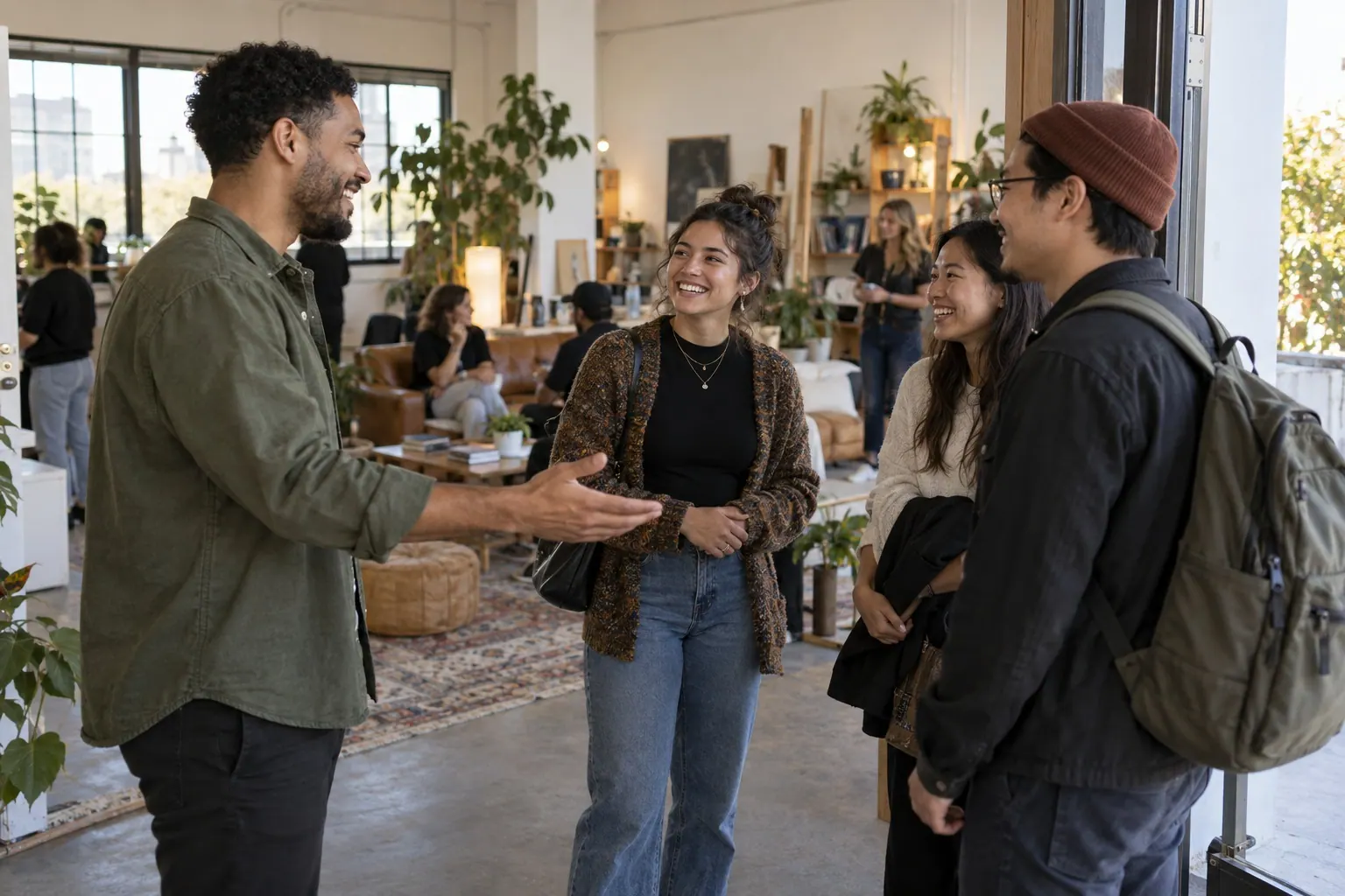 A community host introduces a new creator affiliate to members arriving for a workshop.