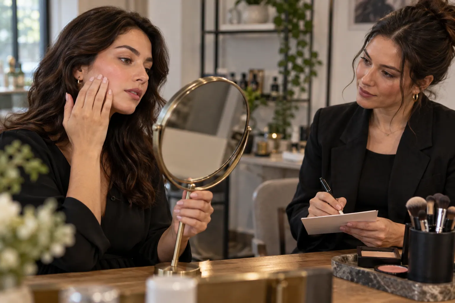 A client checks blush wear in a mirror while the makeup artist records her feedback.