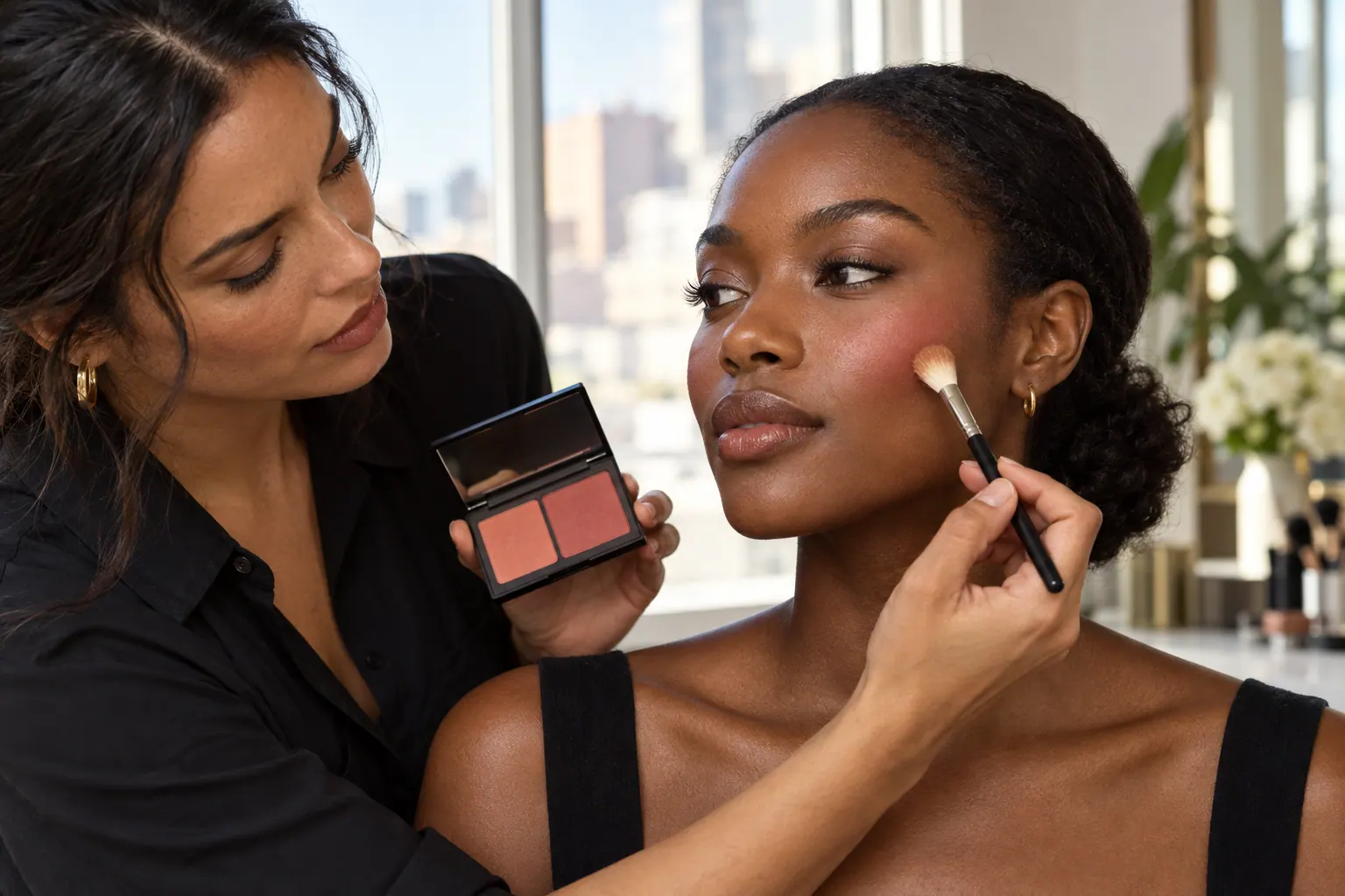 A makeup artist compares two blush shades on a client with deep brown skin in daylight.