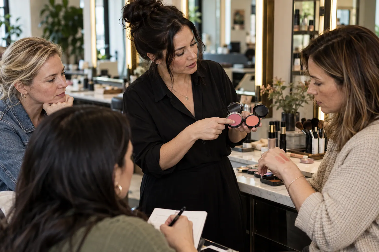 A makeup artist compares two blush shades with customers during a small salon workshop.