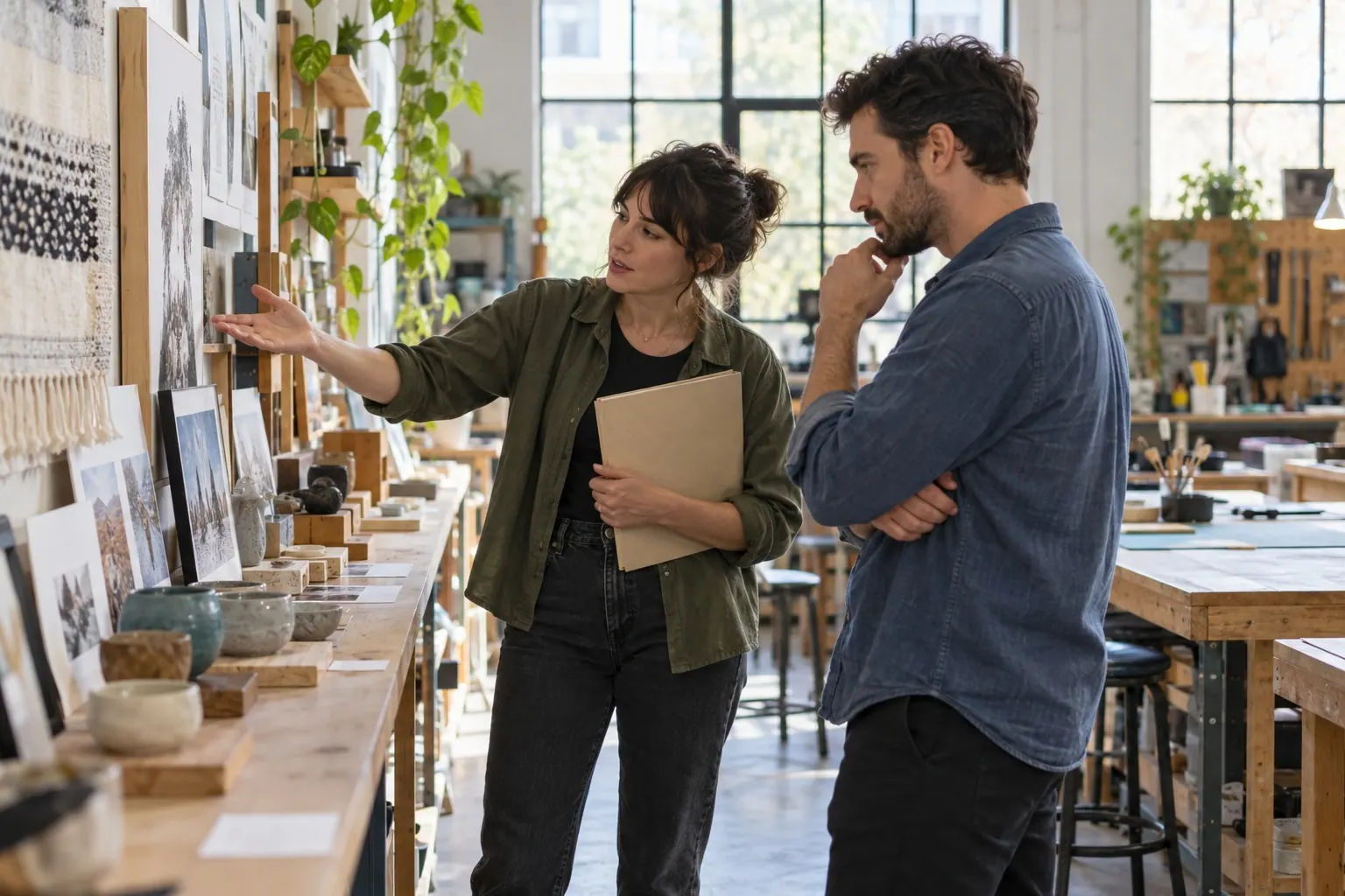 A program operator discusses a partnership with a colleague in a bright workshop.