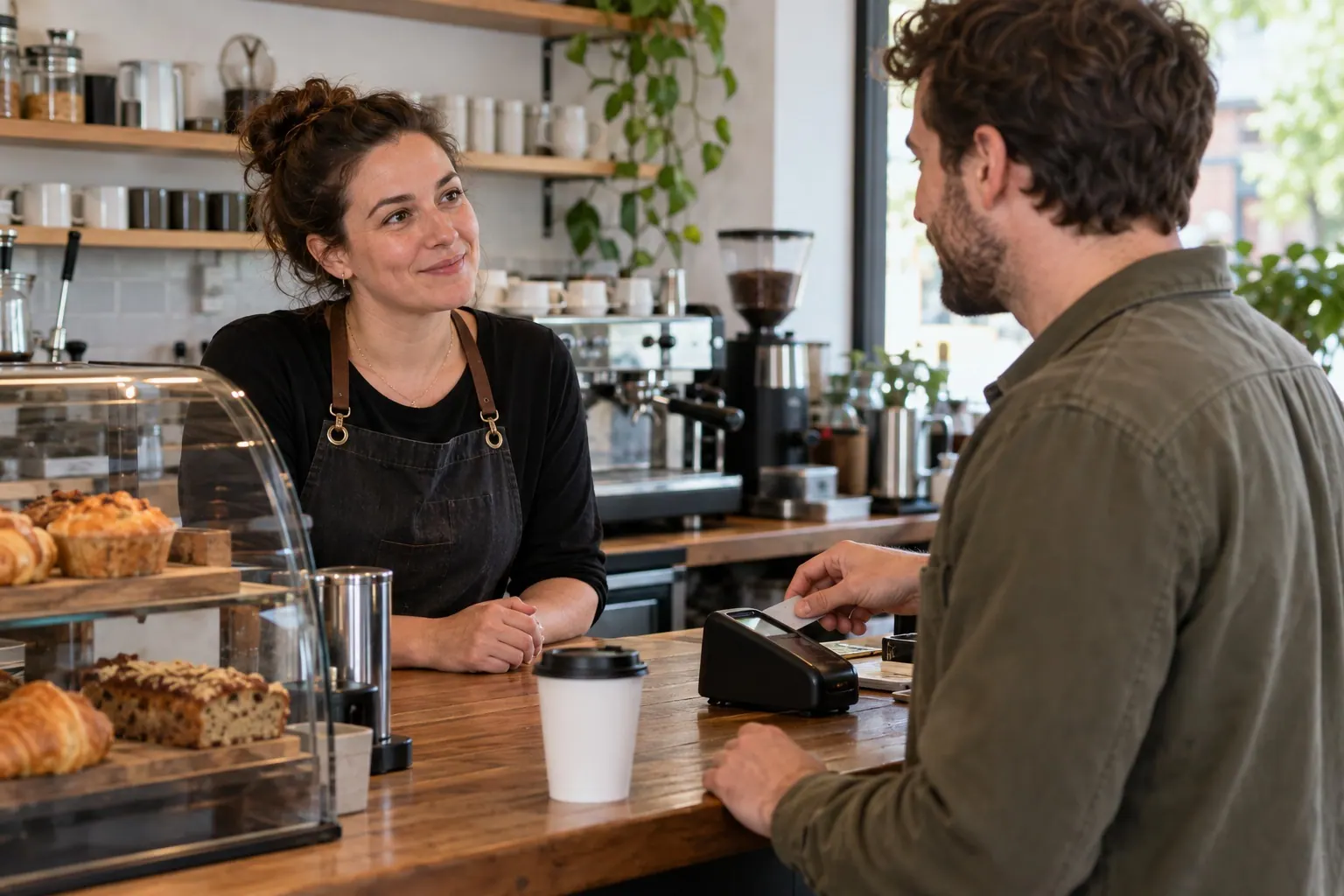 A shop owner asks a new customer how they found the business.