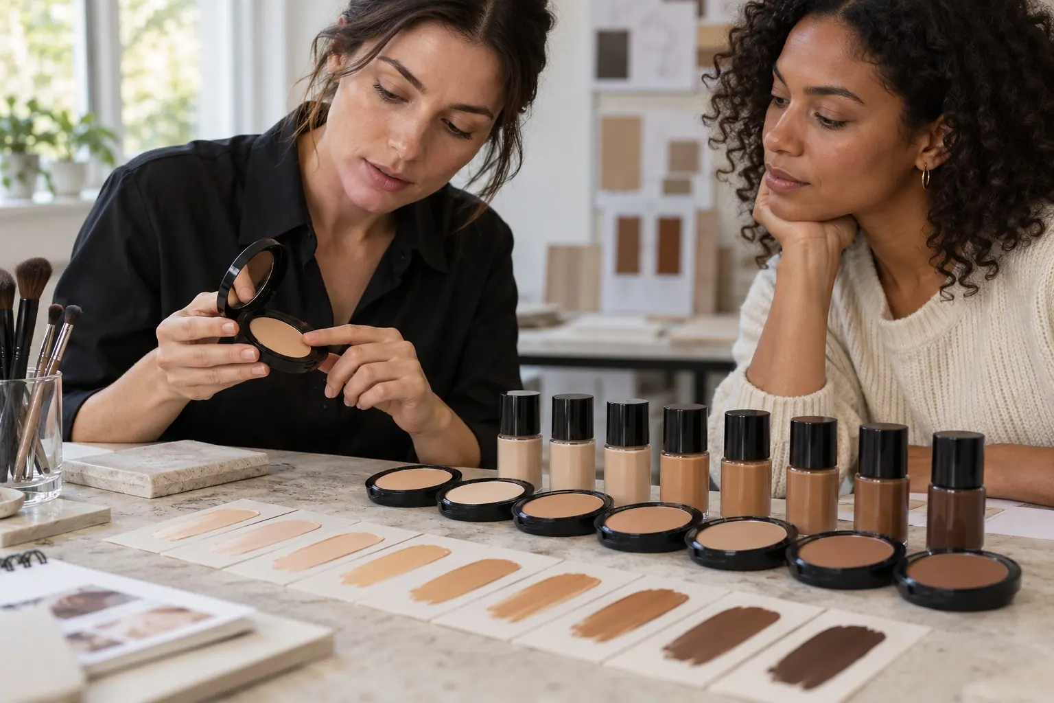 A product developer checks physical foundation swatches beside sample containers at a worktable.