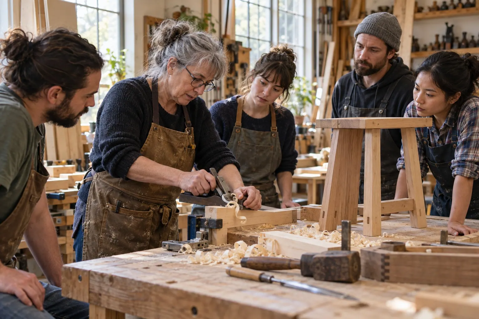 An experienced woodworking instructor demonstrates a technique to adult learners in a workshop.