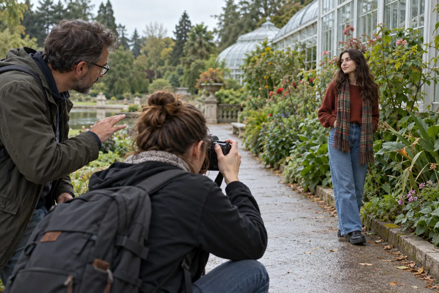 A photography student practices a portrait technique outdoors with guidance from an instructor.
