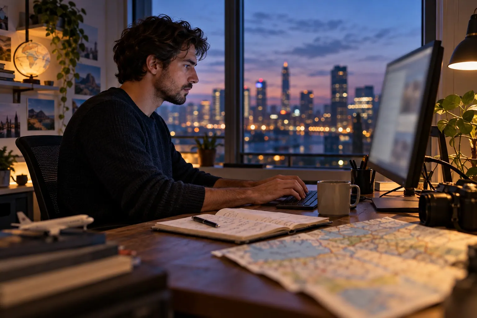 A software engineer studies a travel booking integration in a quiet technology office at blue hour.