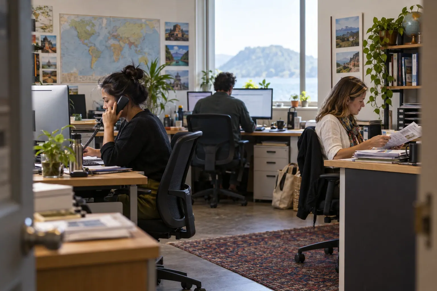 Three travel operations staff handle separate booking tasks across a shared office.