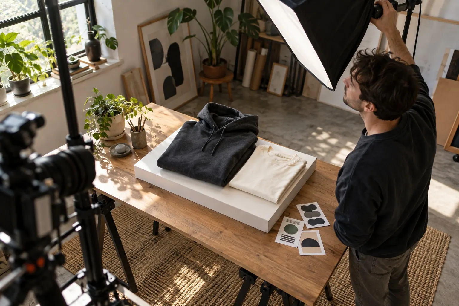 A creator arranges a hoodie, a t-shirt, and an abstract sticker sheet before a product shoot.