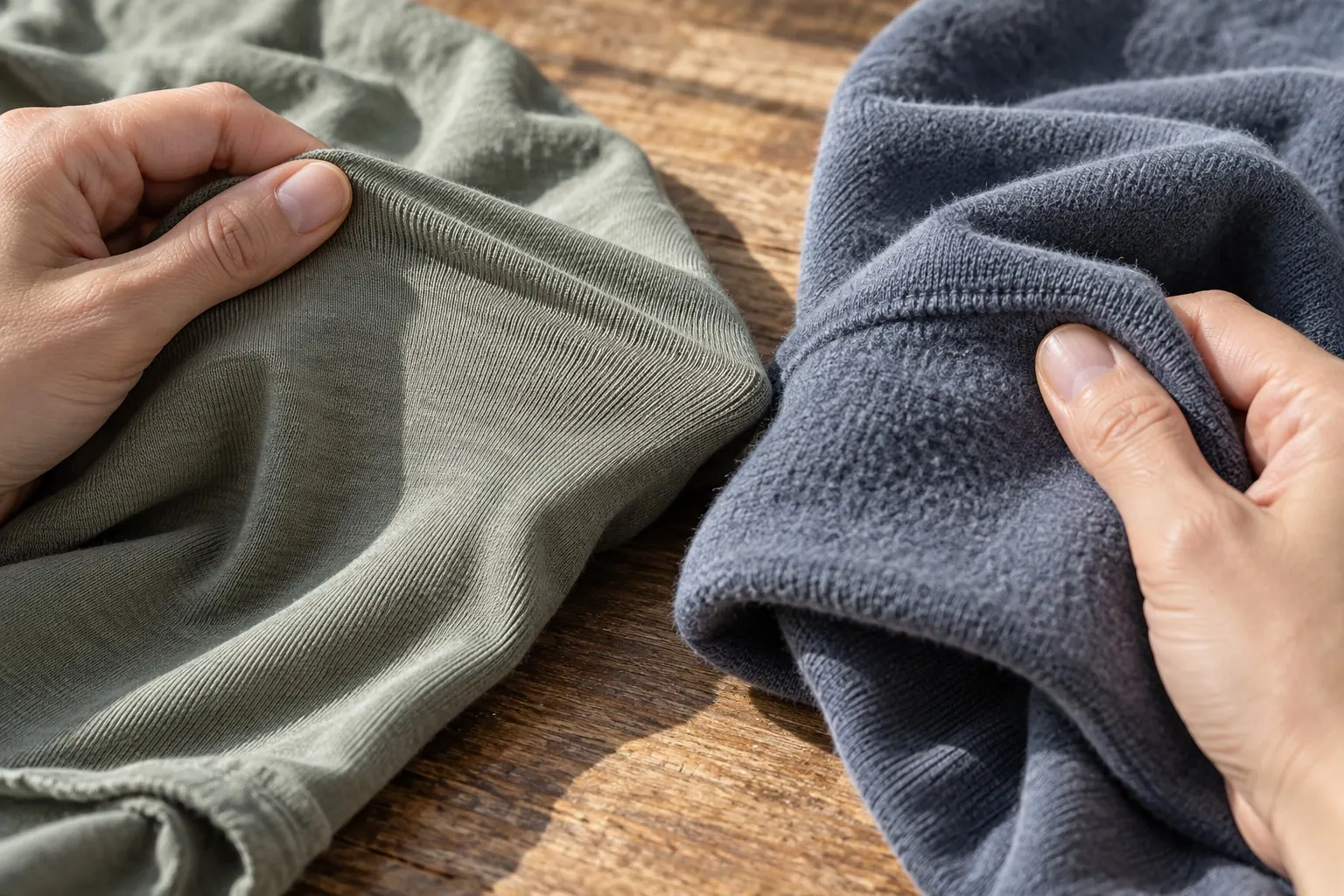 Hands compare lightweight knit and brushed sweatshirt fabric in natural light.