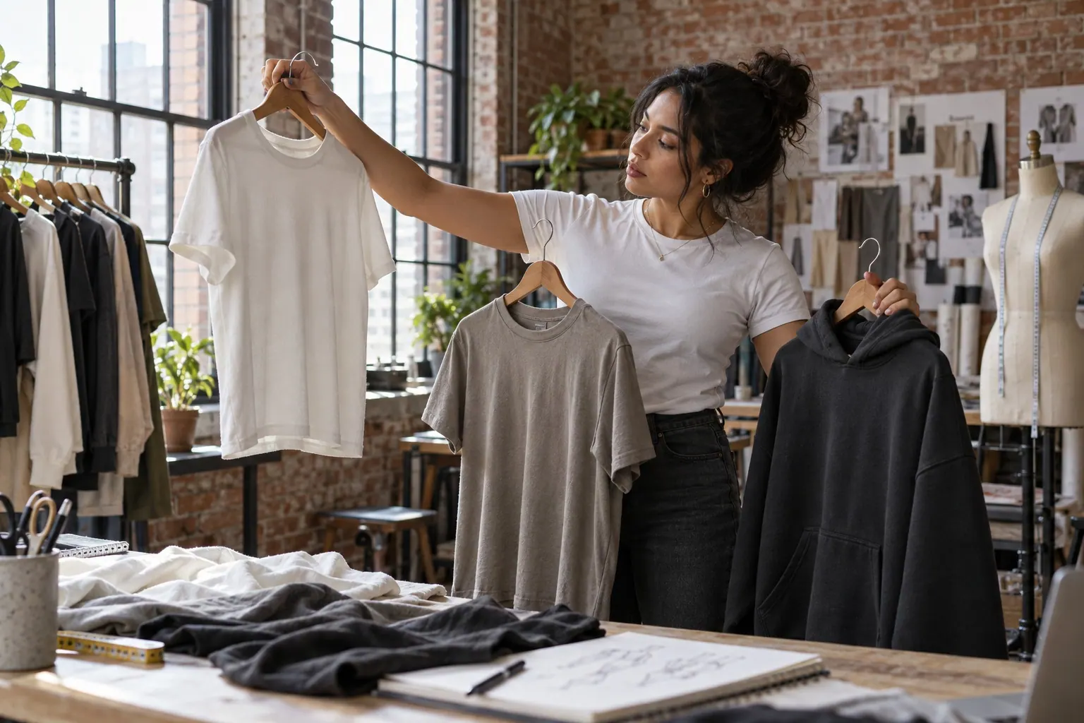 An independent creator compares apparel samples of different fabric weights in a small studio.