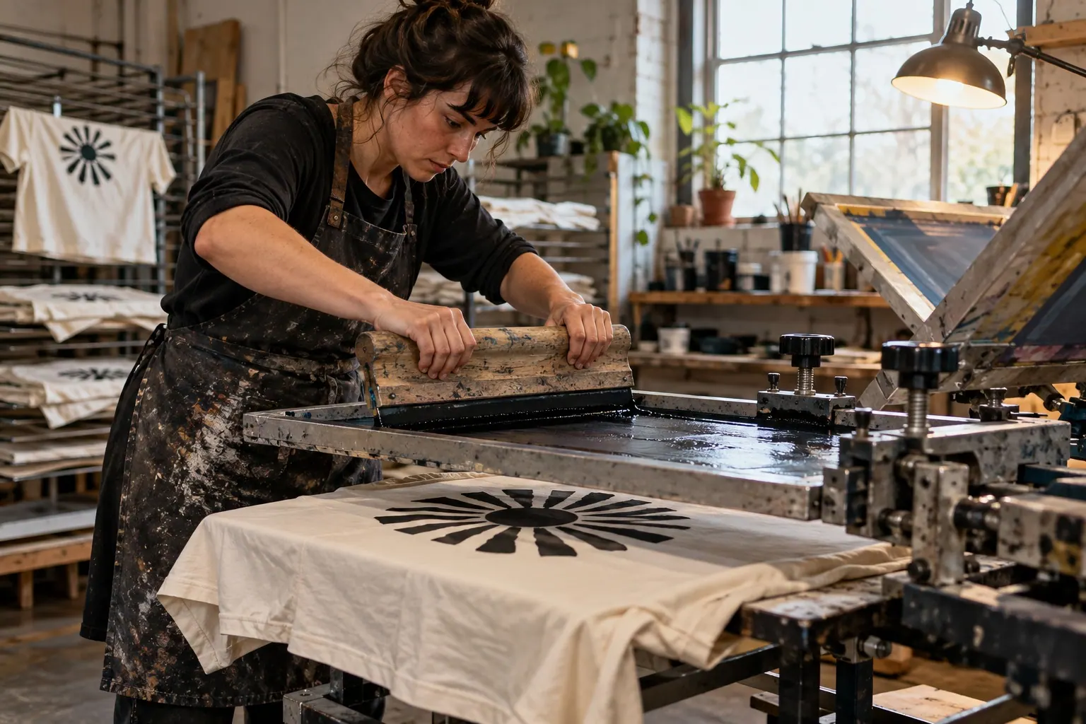 A print-shop worker pulls a squeegee across a screen in a small workshop.