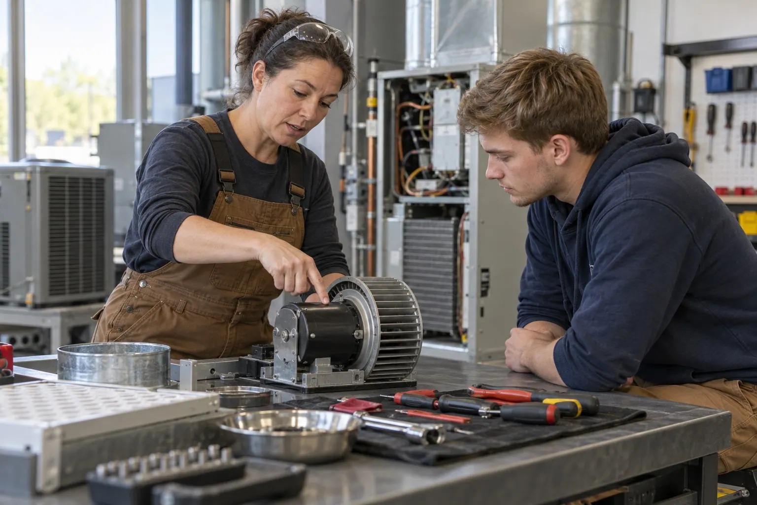 An experienced HVAC technician briefs an apprentice in a workshop while they review practical work garments.